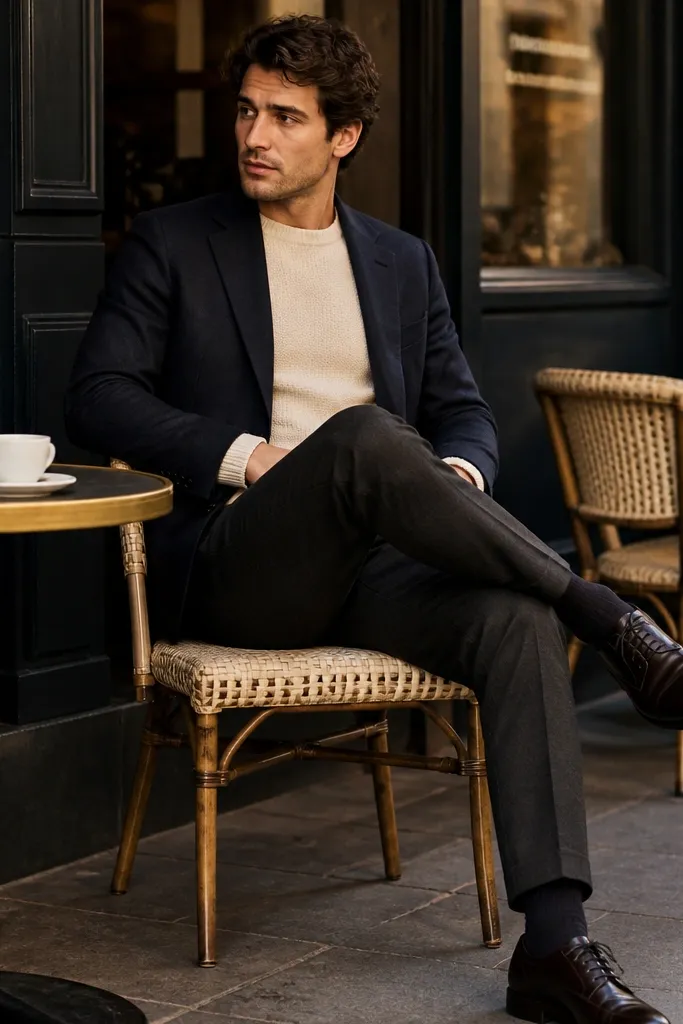 A cream sweater under a navy blazer, paired with dark oxfords and dark trousers, photographed in a street-cafe setting.