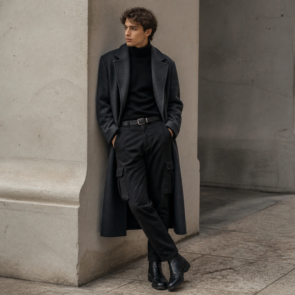 A black turtleneck sweater is layered under a long charcoal wool coat. The outfit shows black cargo jeans, a slim belt detail at the waistband, and dark leather ankle boots.