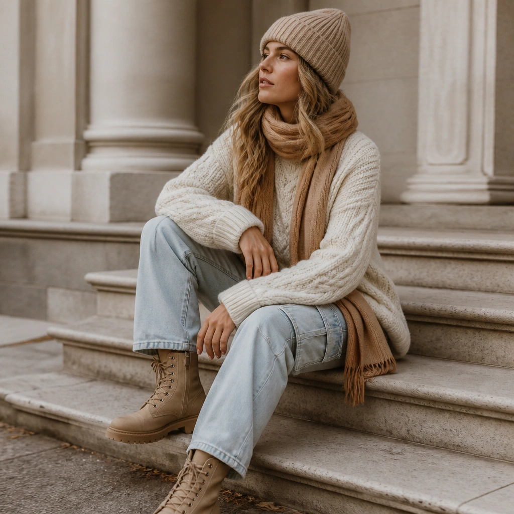 A cream cable-knit sweater with thick cuffs is worn with light wash cargo jeans and tan lace-up boots. The look includes a knitted beanie and a camel scarf.