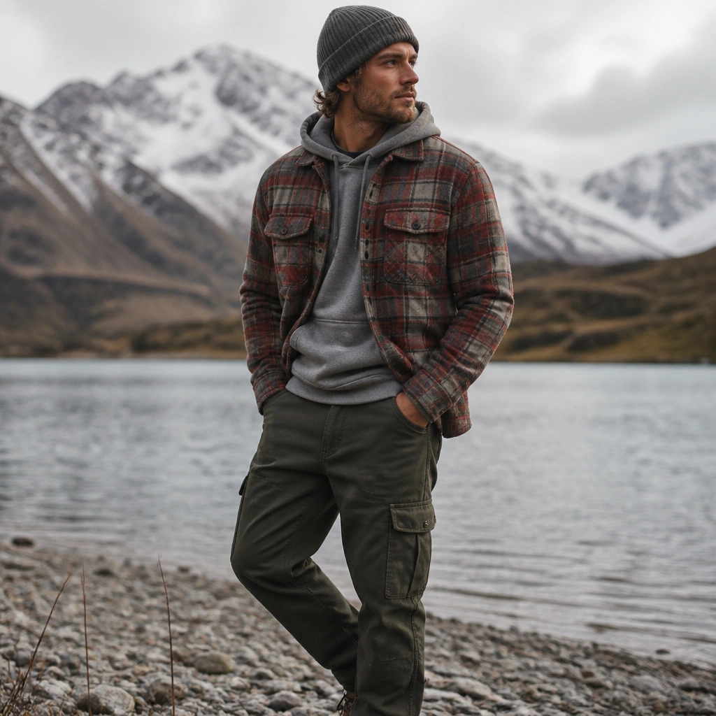 Plaid flannel shacket in muted red and gray is layered over a gray hoodie. The model wears fleece-lined cargo jeans in deep olive and a knitted beanie; hands are in front pockets.