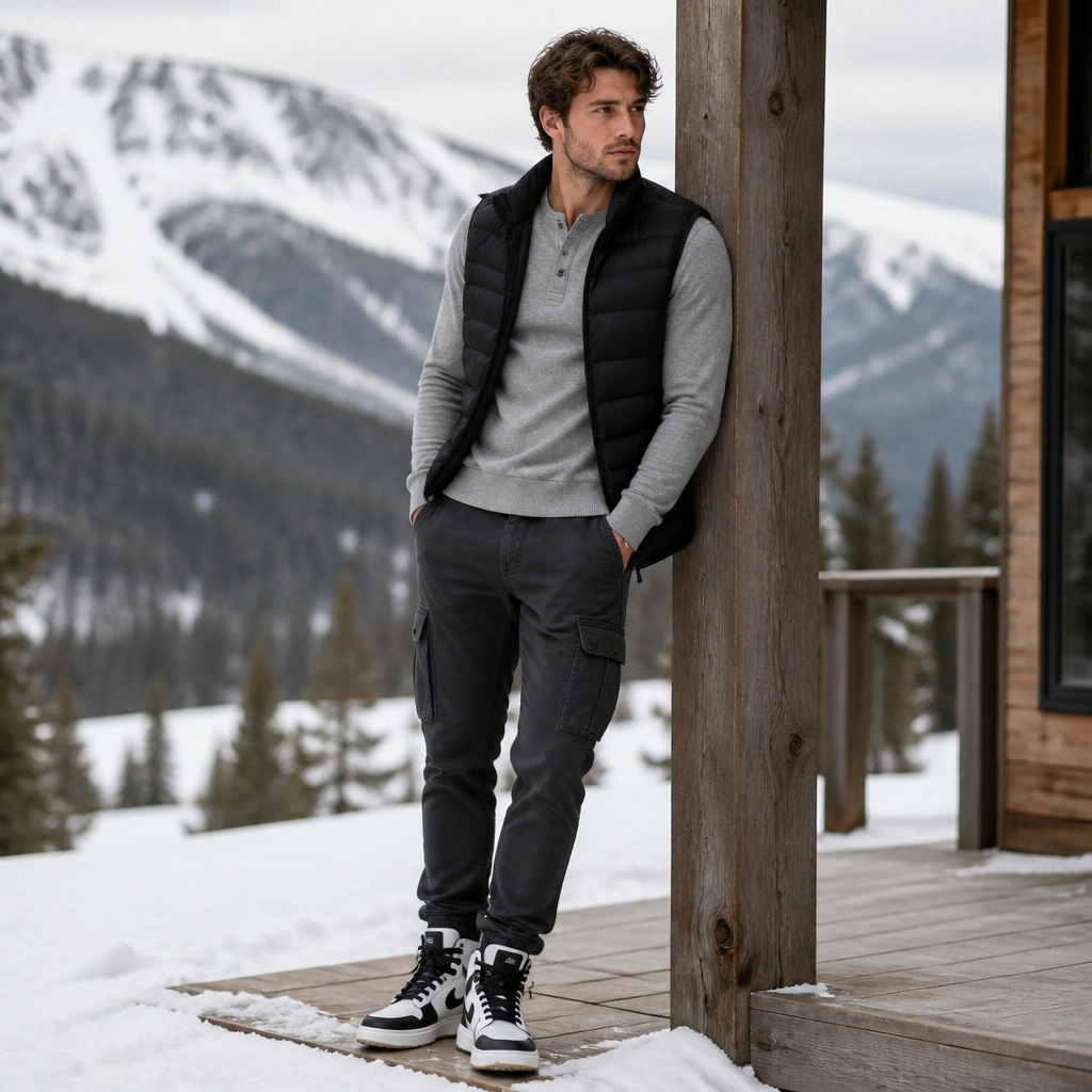 A thermal henley in heather gray with a button placket is layered under a black puffer vest. Charcoal cargo jeans and white-and-black winter sneakers are shown.