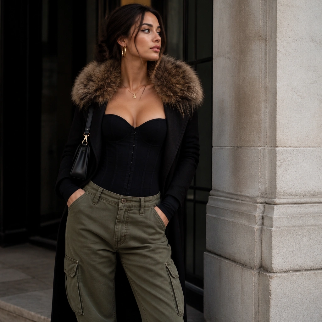 A fitted corset-style long-sleeve top in black is paired with olive cargo jeans. A coat with a faux-fur collar frames the neckline; the model carries a small black shoulder bag.