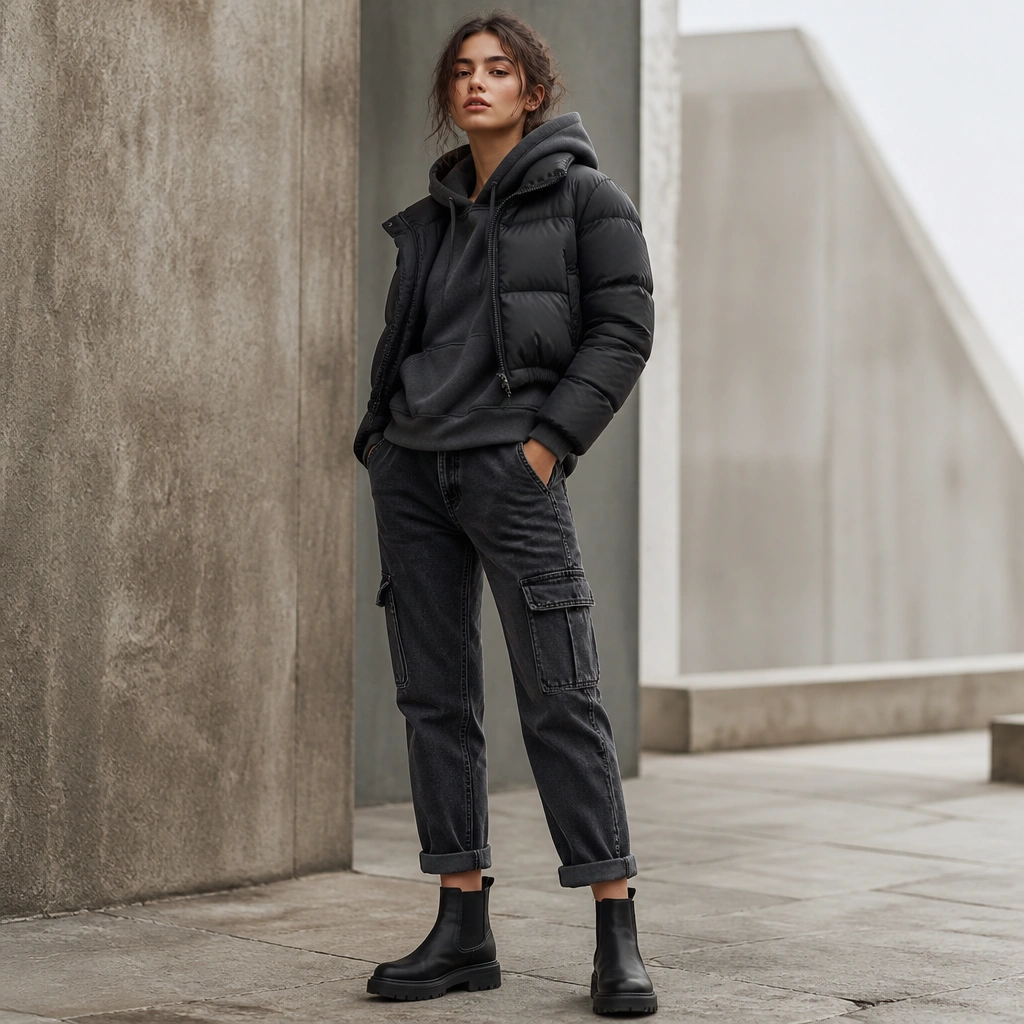 A slate-gray hoodie is worn under a cropped puffer jacket. The cargo jeans are cuffed at the ankle, showing a small gap above black boots.