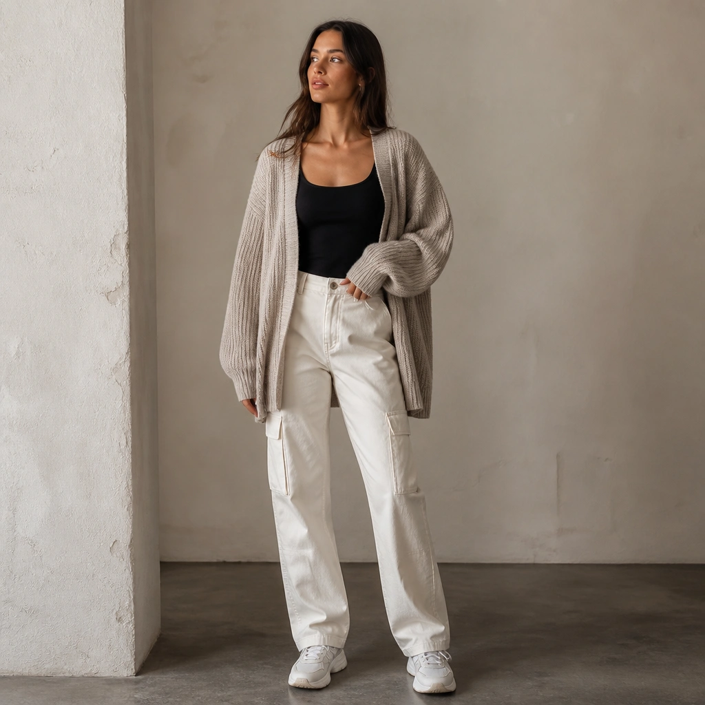 An oversized oatmeal cardigan is worn open over black thermal leggings. Cream cargo jeans sit over the leggings with pockets visible, paired with white sneakers.