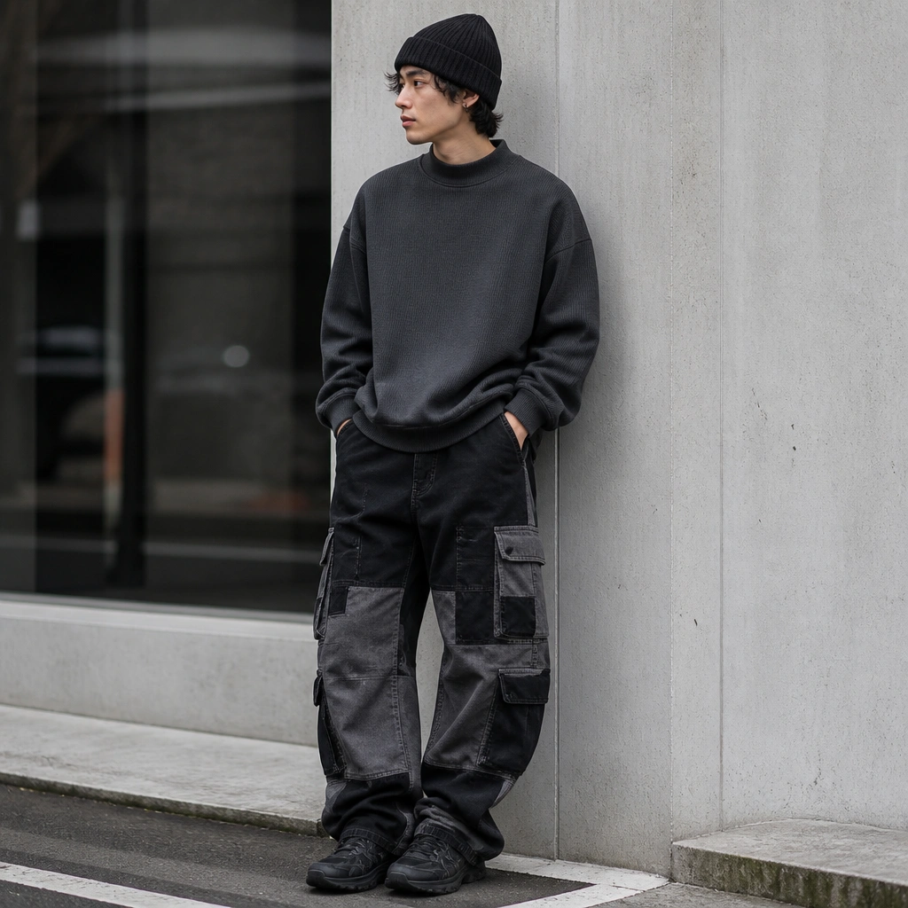 A mock-neck sweatshirt in charcoal is layered with black-and-gray cargo jeans featuring panel-style detailing. A ribbed knit beanie and dark sneakers complete the streetwear look.