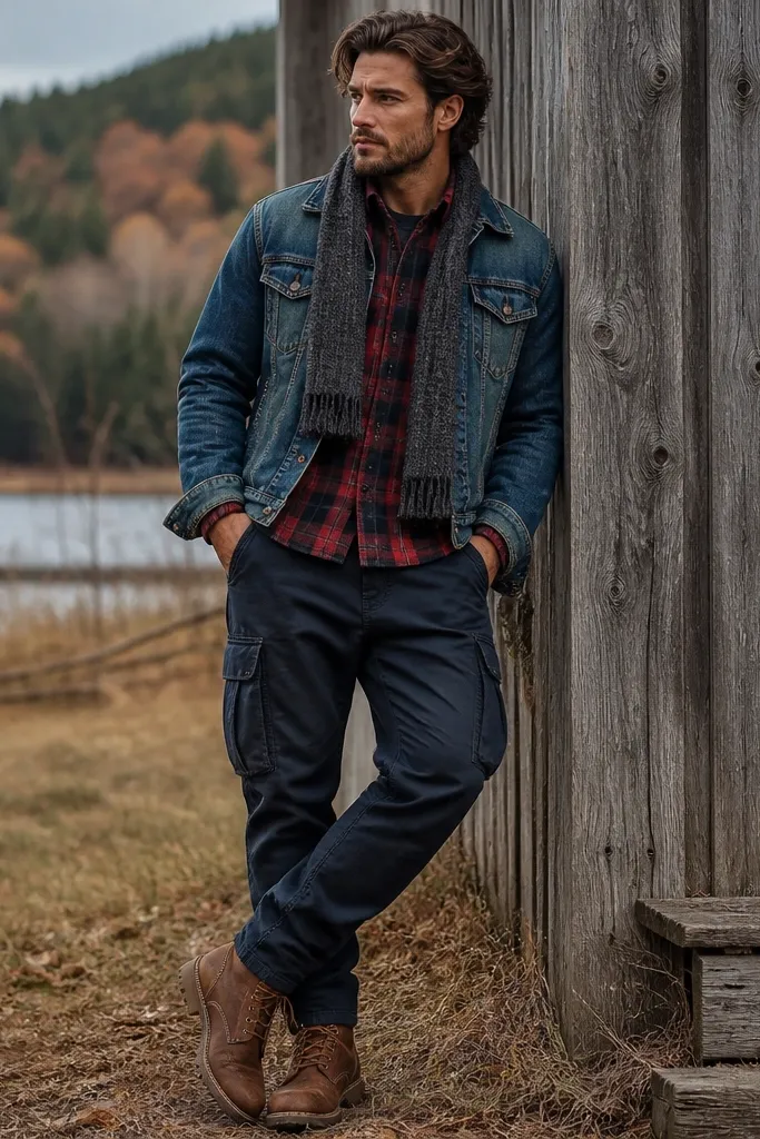 A classic blue denim jacket is worn over a red-and-black plaid flannel. Navy cargo jeans are styled with brown work boots and a knit scarf.
