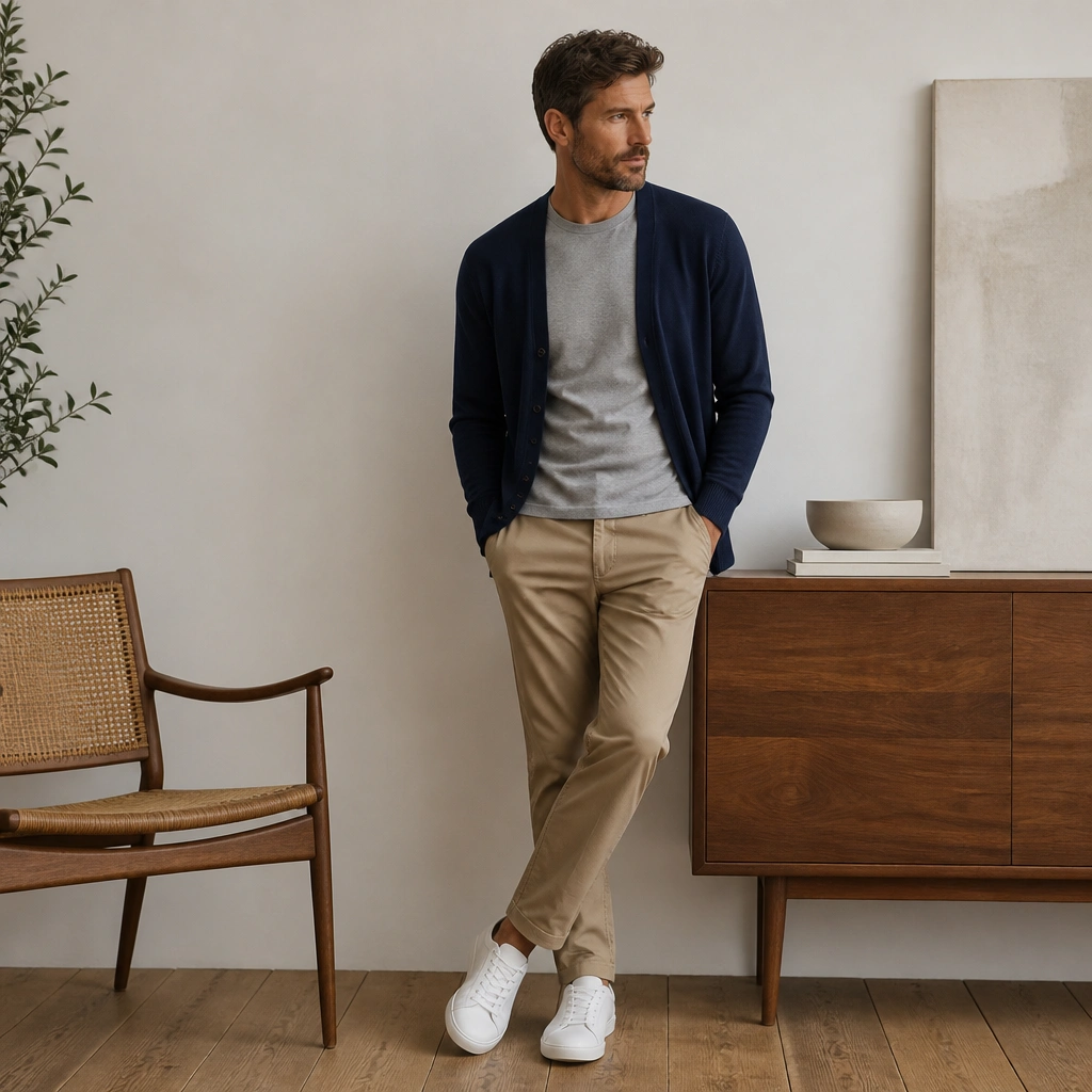 A navy cardigan worn open over a heather gray crewneck tee, paired with tan chinos and clean white low-top sneakers.