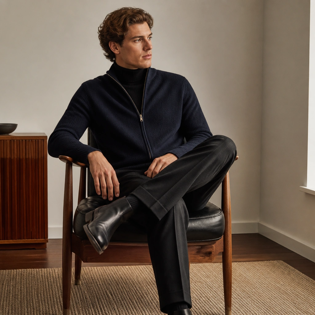 A navy cardigan zipped partway over a black turtleneck sweater, styled with dark trousers and black Chelsea boots.