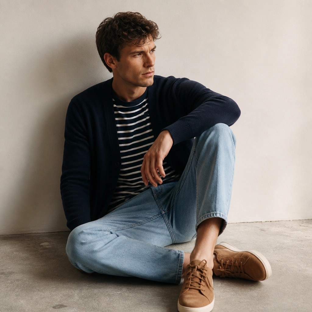 A navy cardigan worn over a navy-and-white striped t-shirt, with light wash jeans and brown suede sneakers.