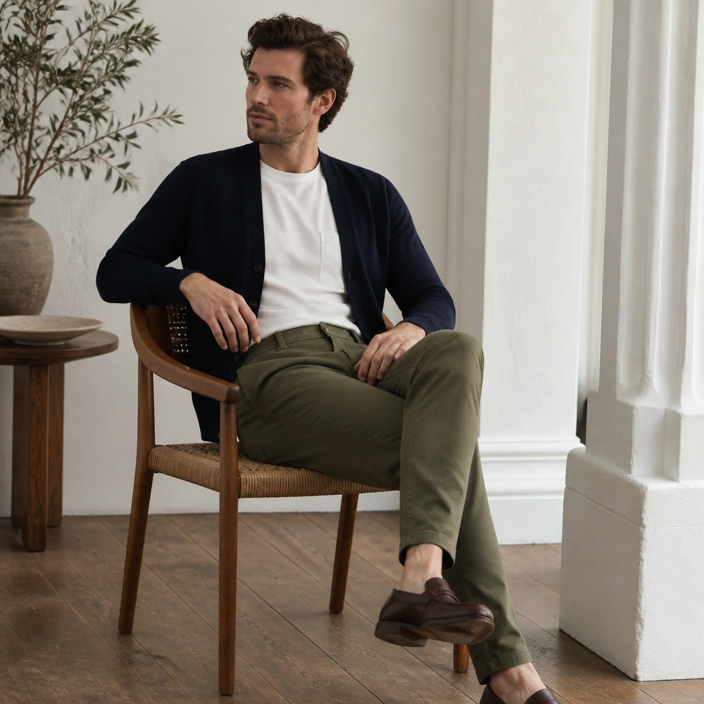 A navy cardigan paired with a white pocket t-shirt, olive chinos, and loafers in deep brown.