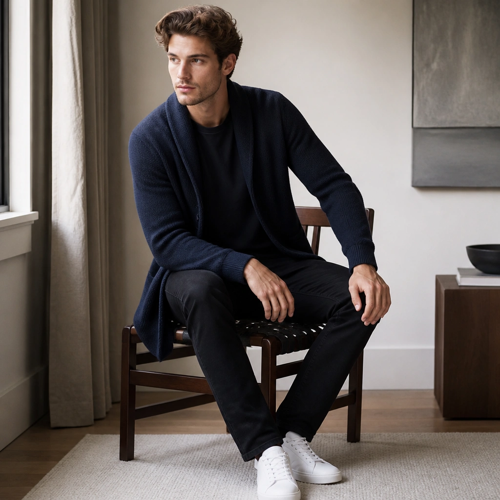 A navy shawl-collar cardigan draped open over a dark t-shirt, with black jeans and crisp white sneakers.