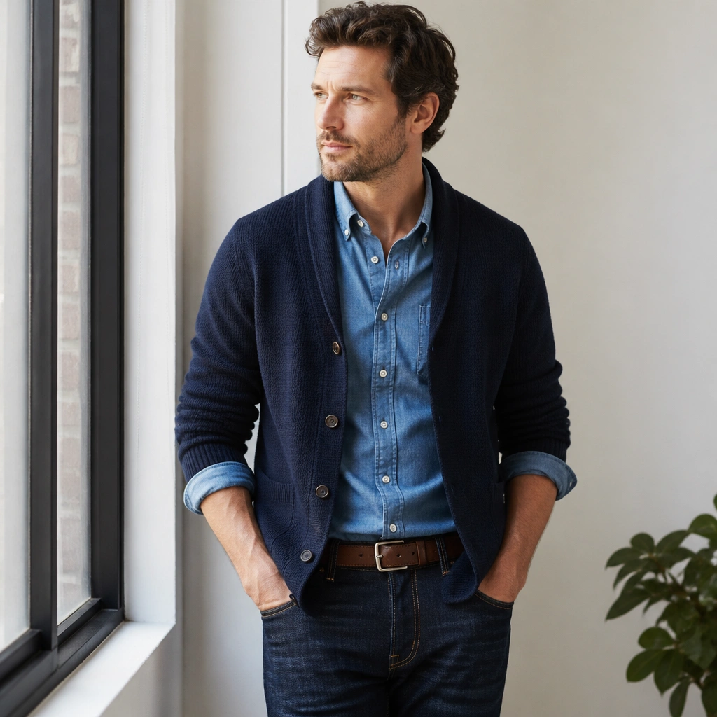 A navy cardigan worn over a chambray blue button-down, styled with slim dark wash jeans and a brown belt.