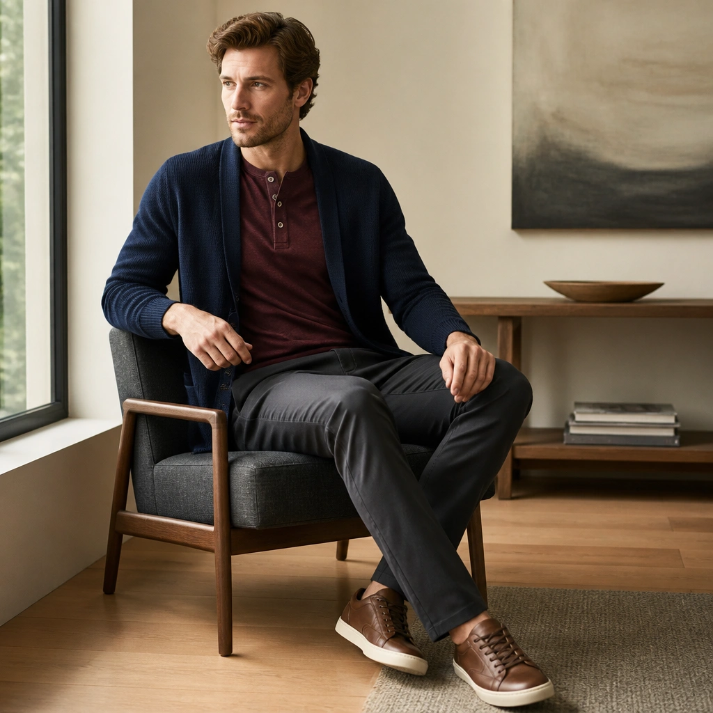 A navy cardigan open over a burgundy henley shirt with three buttons, paired with charcoal chinos and leather sneakers.