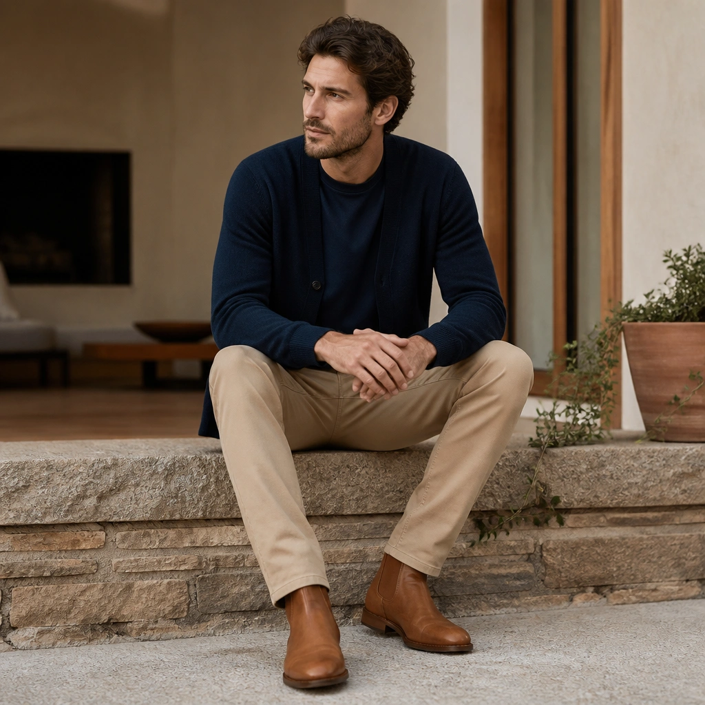 A navy cardigan worn over a darker navy t-shirt, paired with beige chinos and tan leather boots.