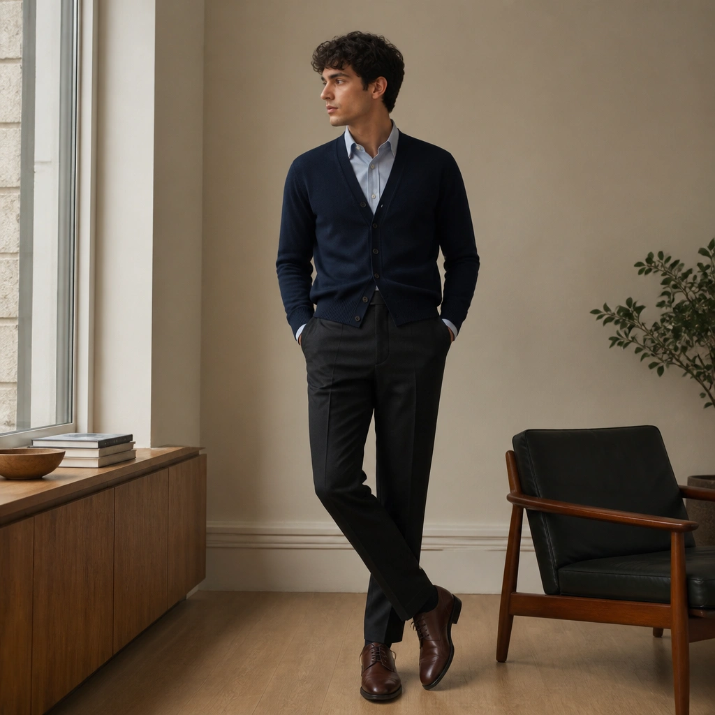A navy cardigan styled over a light blue button-down, paired with tailored suit trousers in near-black and brown oxford shoes.