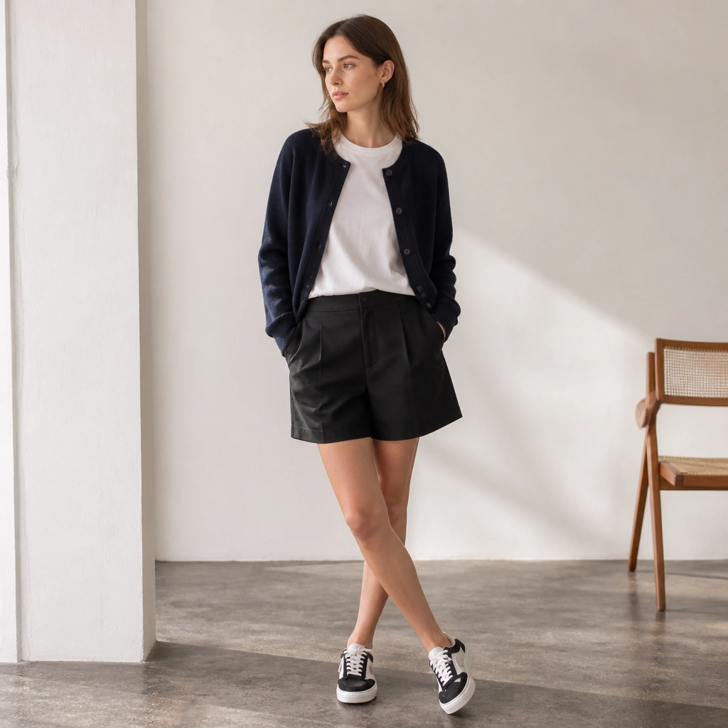 A navy cardigan worn open over a white crewneck tee with black tailored shorts, finished with black-and-white sneakers.