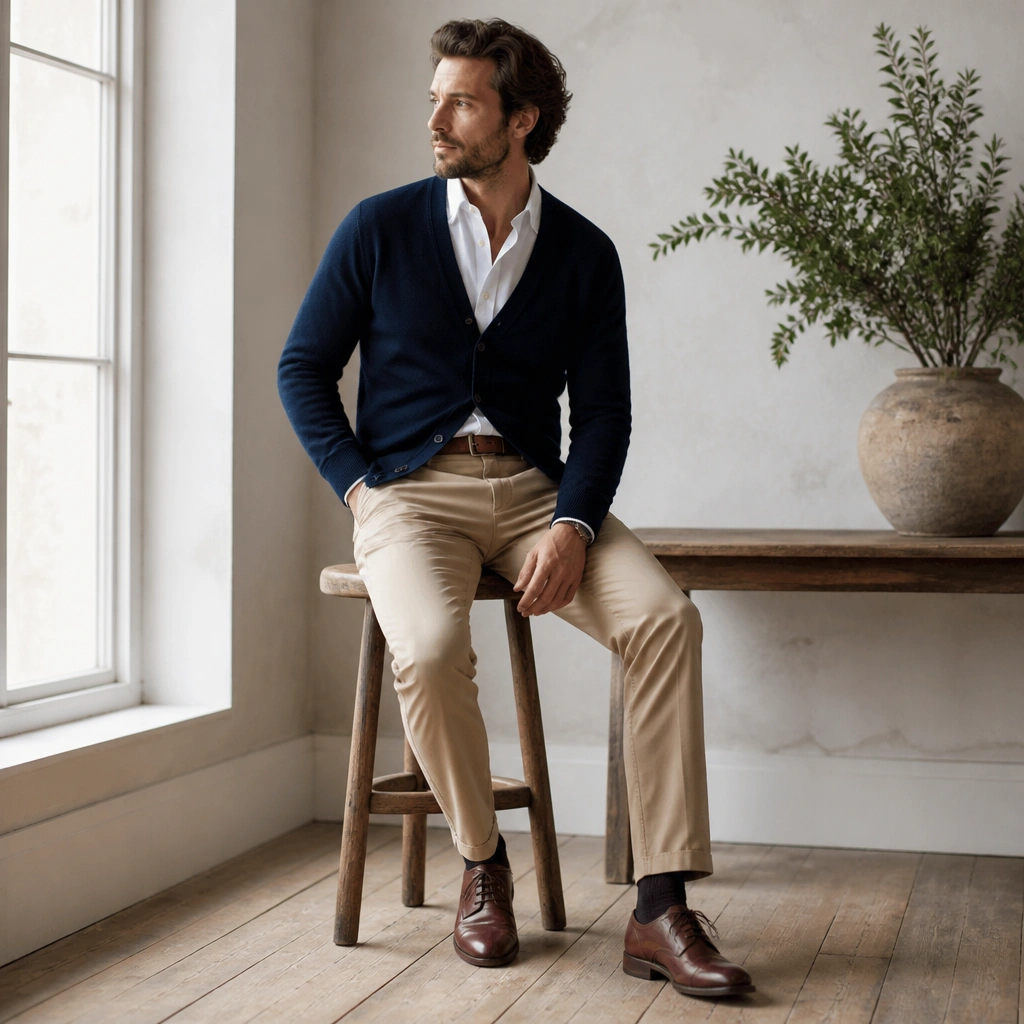 A navy cardigan buttoned or partially closed over a white button-down, with a visible belt and beige chinos, plus brown leather shoes.