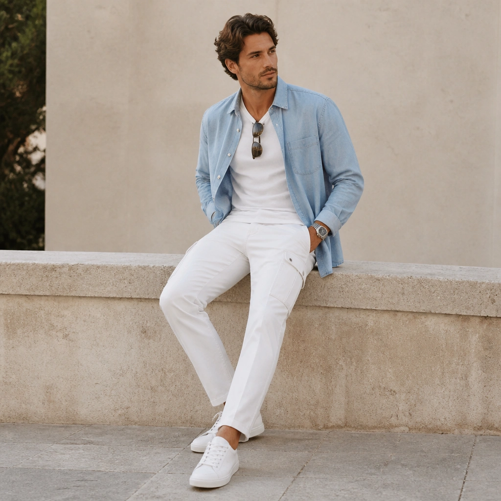 Outfit shows a light blue chambray overshirt worn open over a white tee, paired with white cargo jeans and clean white low-top sneakers; a watch and sunglasses sit at the collar.
