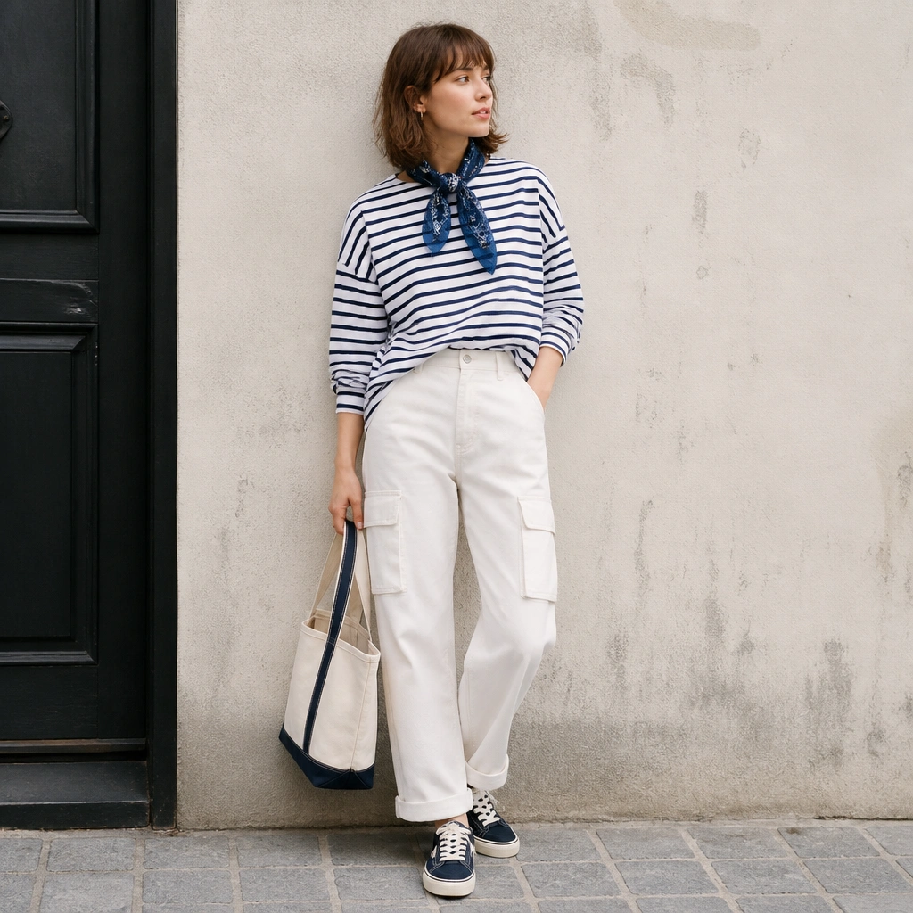 White and navy striped Breton tee half-tucked into white cargo jeans; a small navy-and-blue patterned scarf tied at the neck; navy canvas sneakers and a canvas tote.