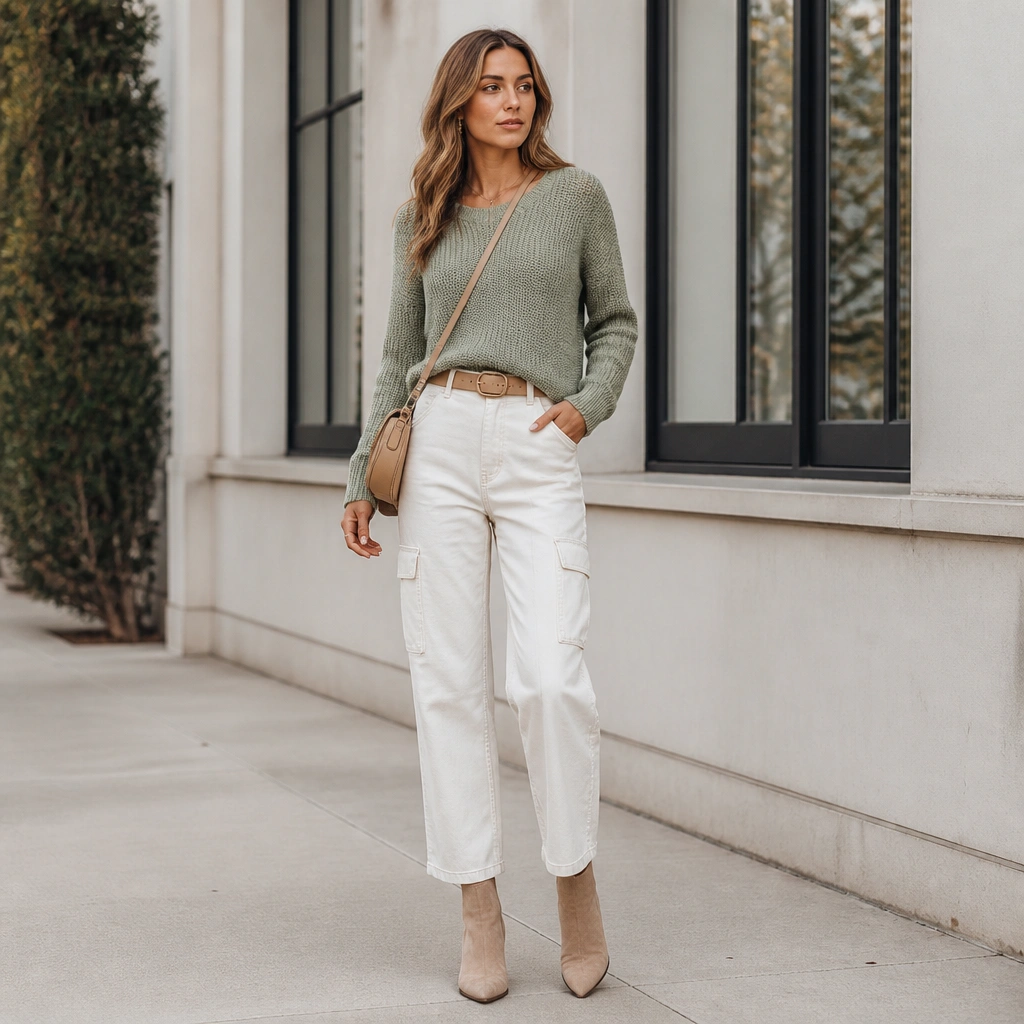 Woman in a sage green knit sweater tucked into white cargo jeans with a tan belt; cropped length shows the cargo rise; ankle boots and a crossbody bag complete the look.