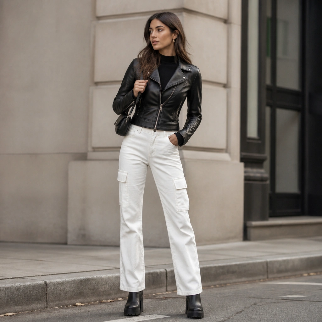 A black leather moto jacket worn over a fitted black top, paired with white cargo jeans; chunky heeled boots and a small black shoulder bag; the jacket zips at the waist.