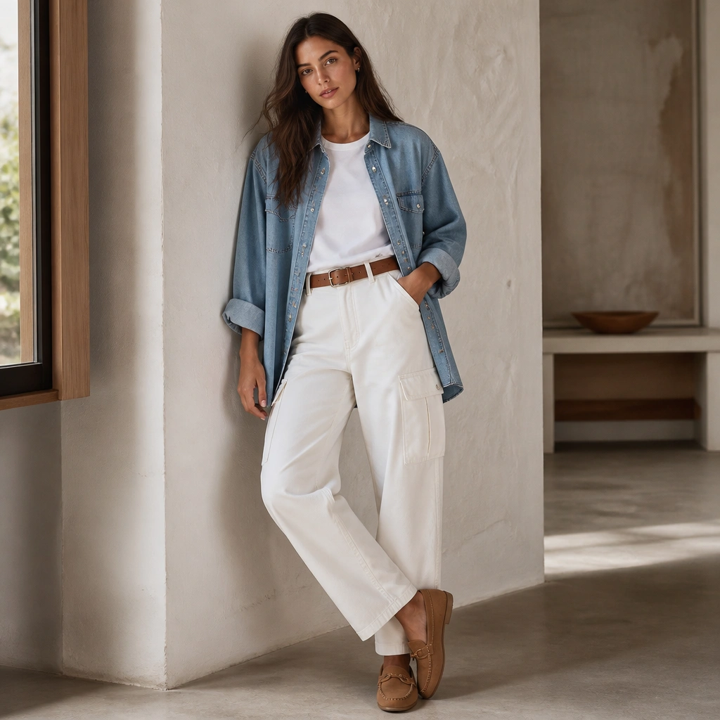 Light blue oversized denim shirt worn open over a white tee, rolled sleeves, and white cargo jeans; brown belt and tan loafers visible.