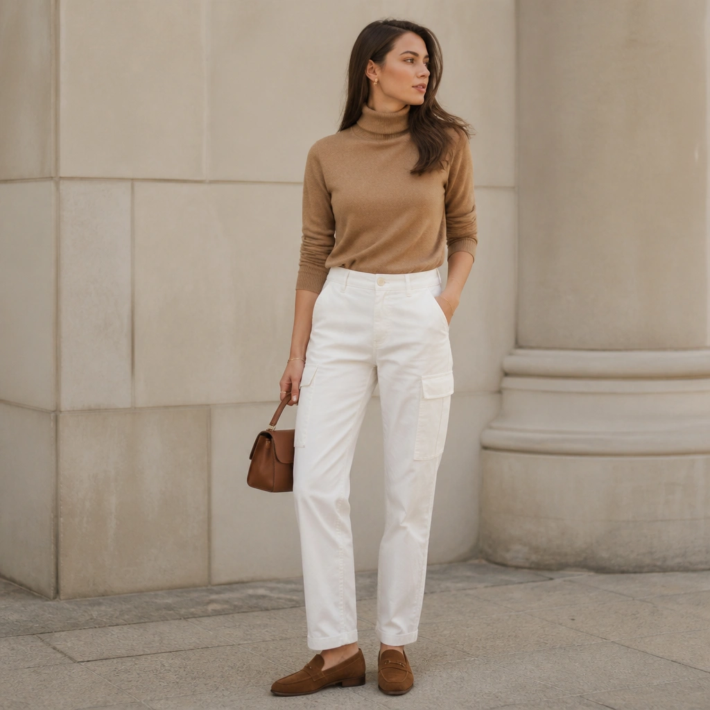 Camel turtleneck sweater tucked into white cargo jeans; suede loafers in dark tan; minimal jewelry and a structured small bag; the outfit looks clean and streamlined.