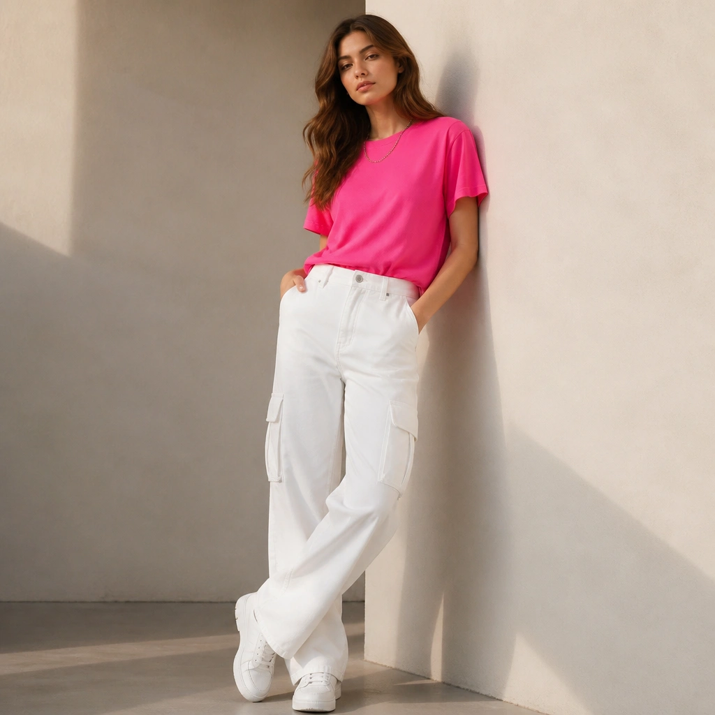 Bright hot pink short-sleeve tee worn with white cargo jeans; white sneakers; a simple chain necklace; the pockets and belt loops are clearly visible.