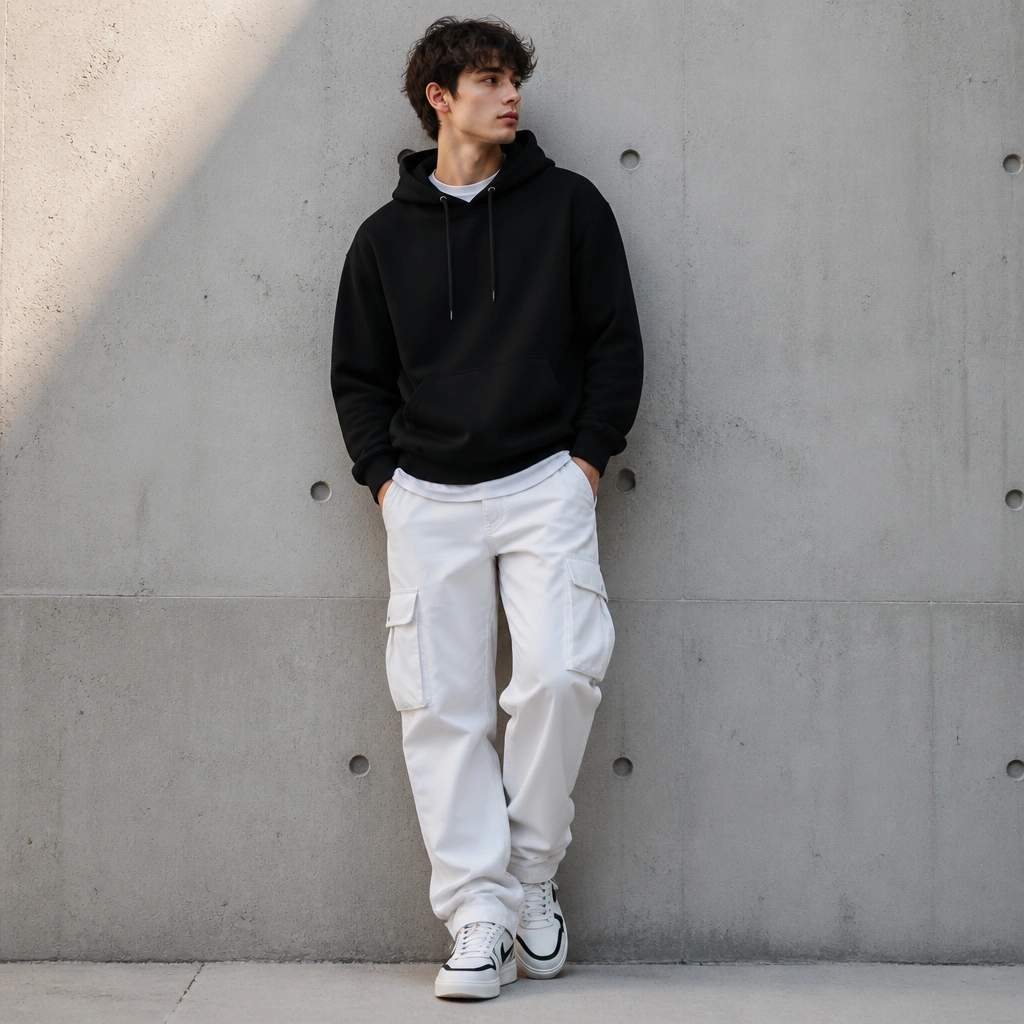 Black hoodie with drawstrings worn over a white tee, paired with white cargo jeans; sneakers with a white base and subtle black accents; hands in pockets.