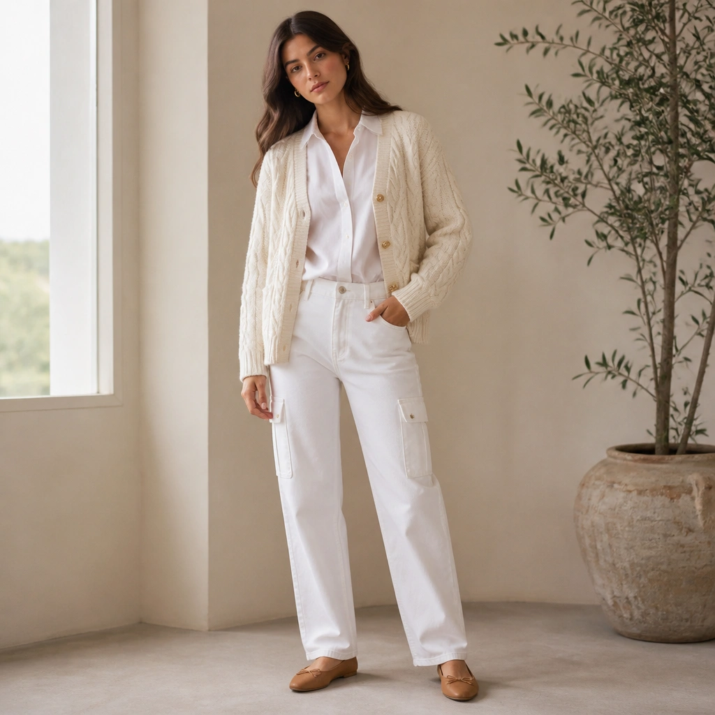 Cream cable-knit cardigan worn open over a crisp white button-up tee tucked into white cargo jeans; small gold buttons and a soft knit texture are visible; tan flats complete the look.