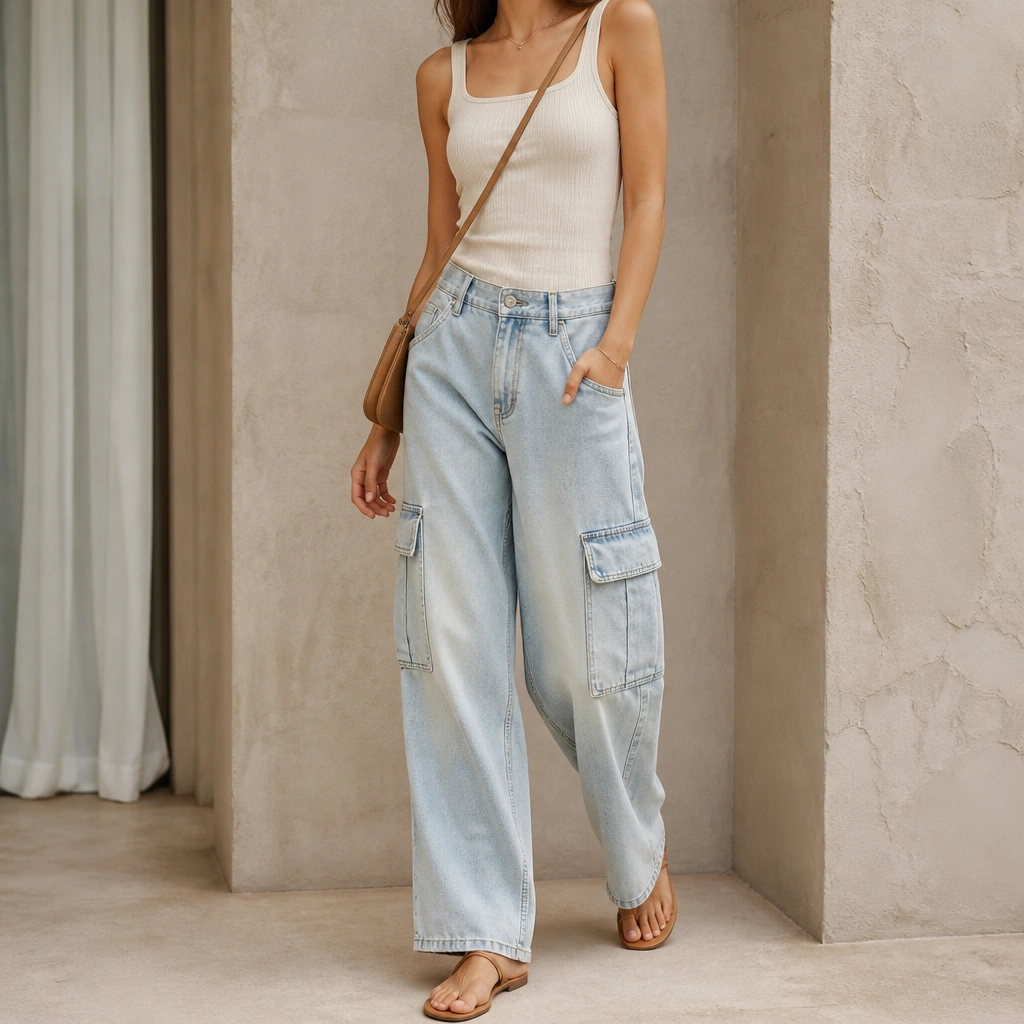 A close-to-mid outfit shot: light wash baggy cargo jeans with a fitted square-neck ribbed tank in cream, styled with tan flat sandals and a small crossbody strap across the chest.