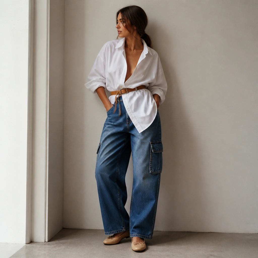 A model in medium-wash baggy cargo jeans with an oversized white button-down worn open, cinched at the waist with a tan belt; ballet flats and a delicate necklace are shown.