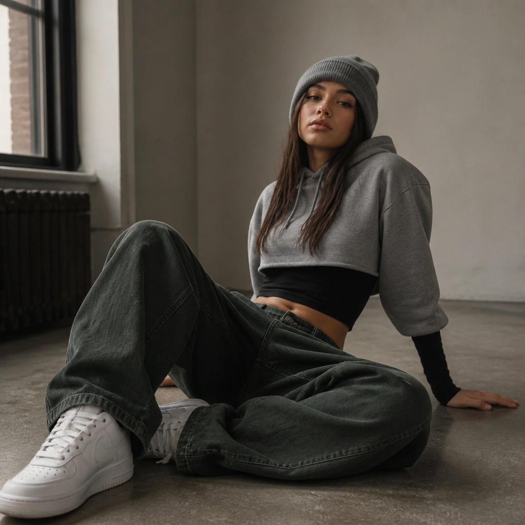 A layered look: dark green baggy cargo jeans paired with a fitted black long-sleeve underneath a cropped gray hoodie; white sneakers and a beanie sit on top of the outfit.