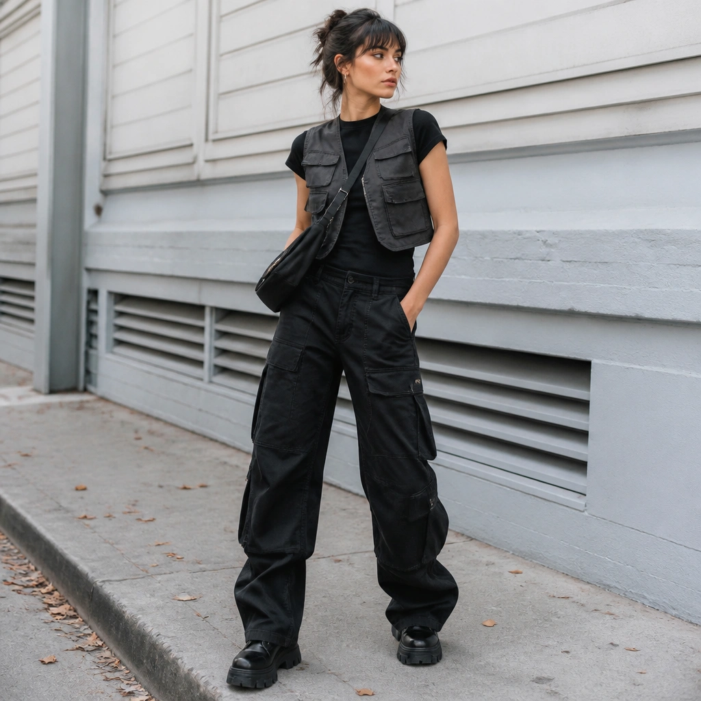A street-style outfit: black baggy cargo jeans with a fitted black tee and a cropped utility vest in charcoal; chunky black boots and a crossbody bag are visible.