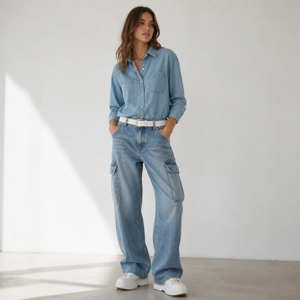 A model wearing chambray button-up tucked into baggy medium-wash cargo jeans; a bright white belt highlights the waist, and the shoes are white platform sneakers.