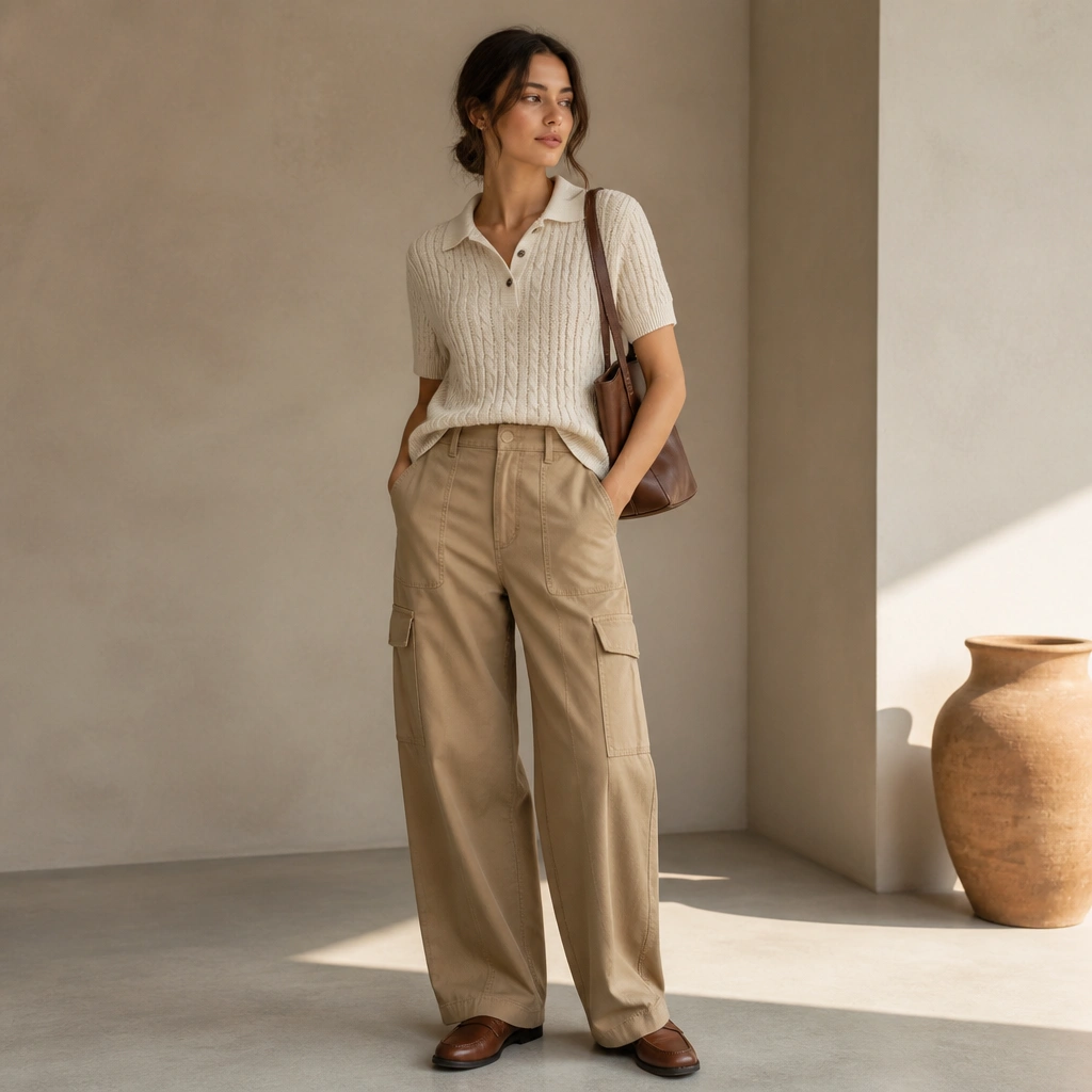 A warm-toned outfit: tan baggy cargo jeans paired with a cream knit polo shirt; brown loafers and a structured shoulder bag are shown.