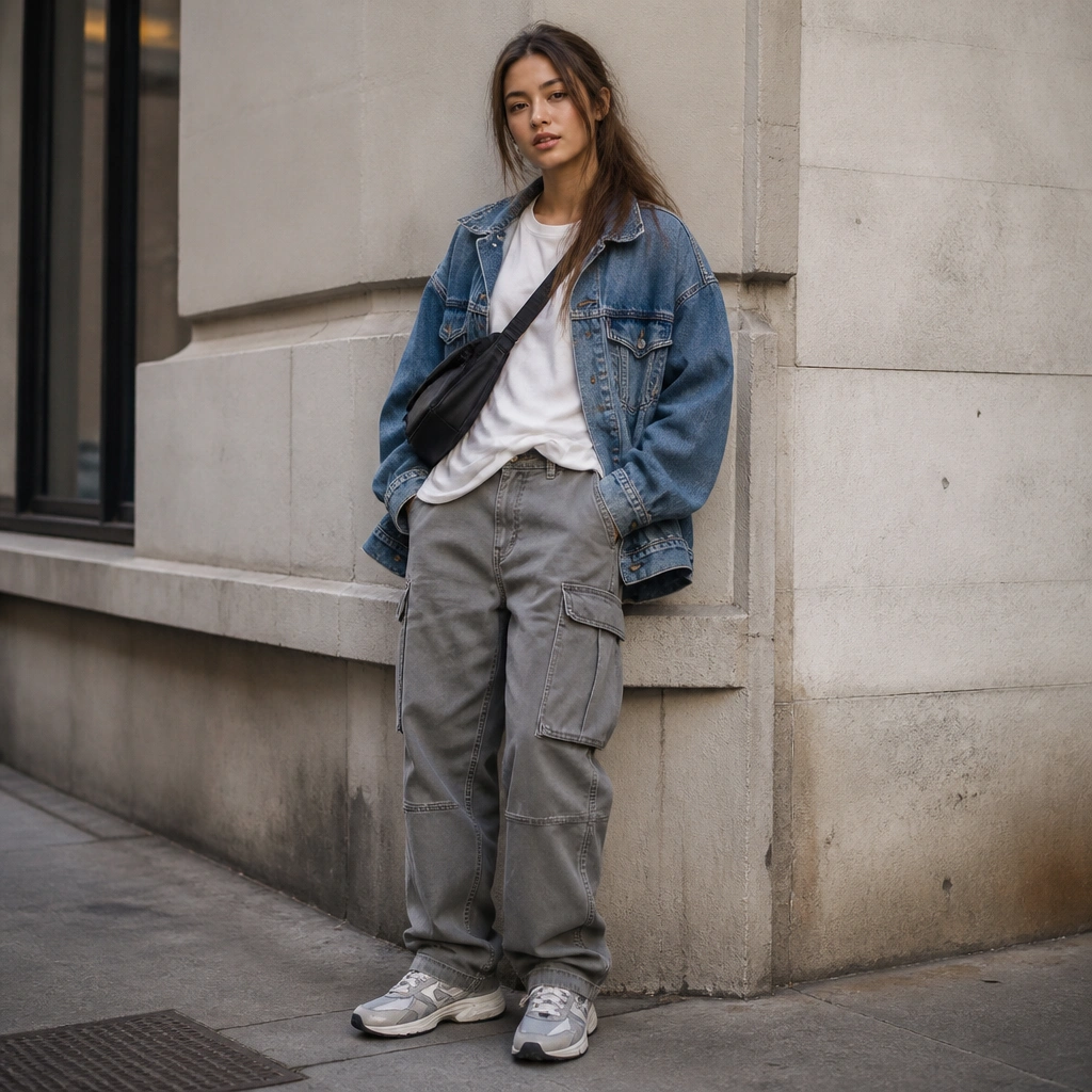 A layered street look: baggy gray cargo jeans with a white tee half-tucked, topped with an oversized blue denim jacket; chunky sneakers and a small sling bag appear in frame.