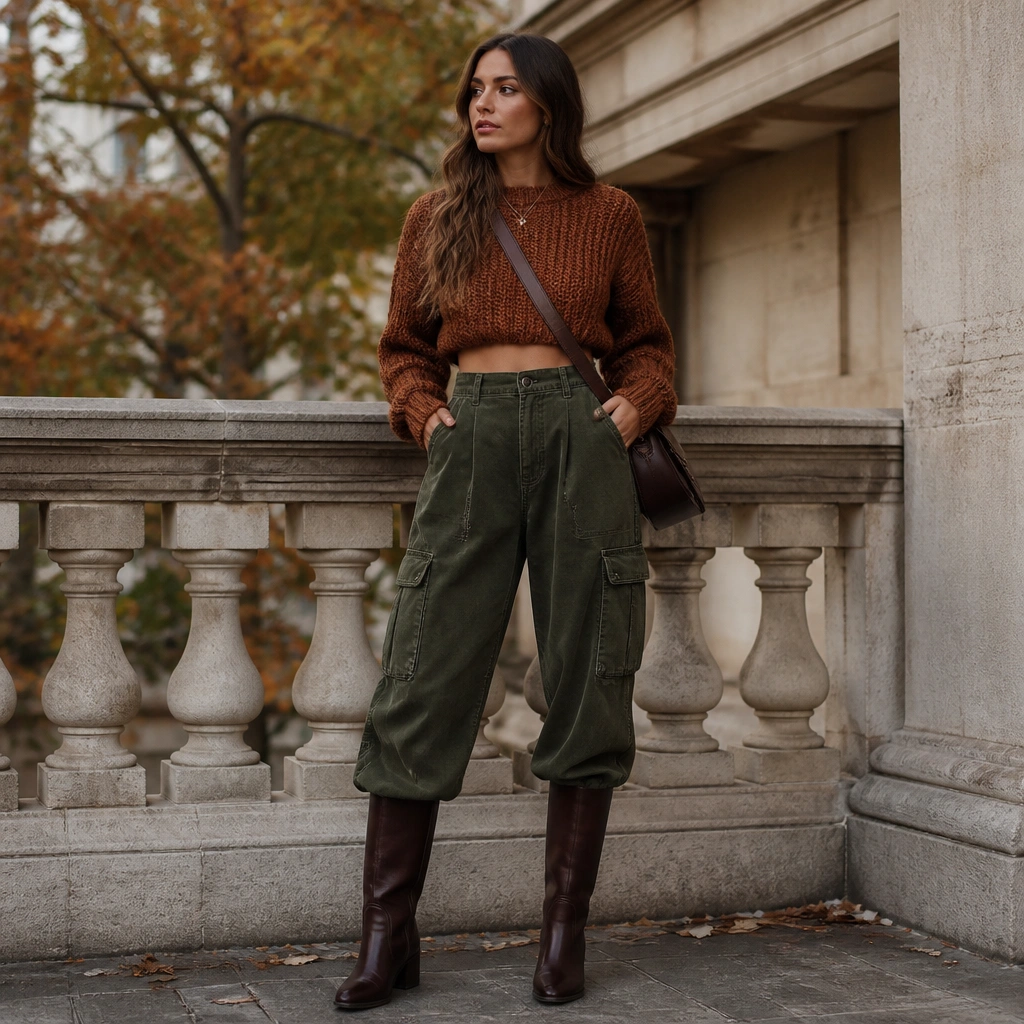 A fall-ready outfit: high-waist dark olive baggy cargo jeans with a cropped knit sweater in rust; knee-high brown boots and a crossbody bag are visible.