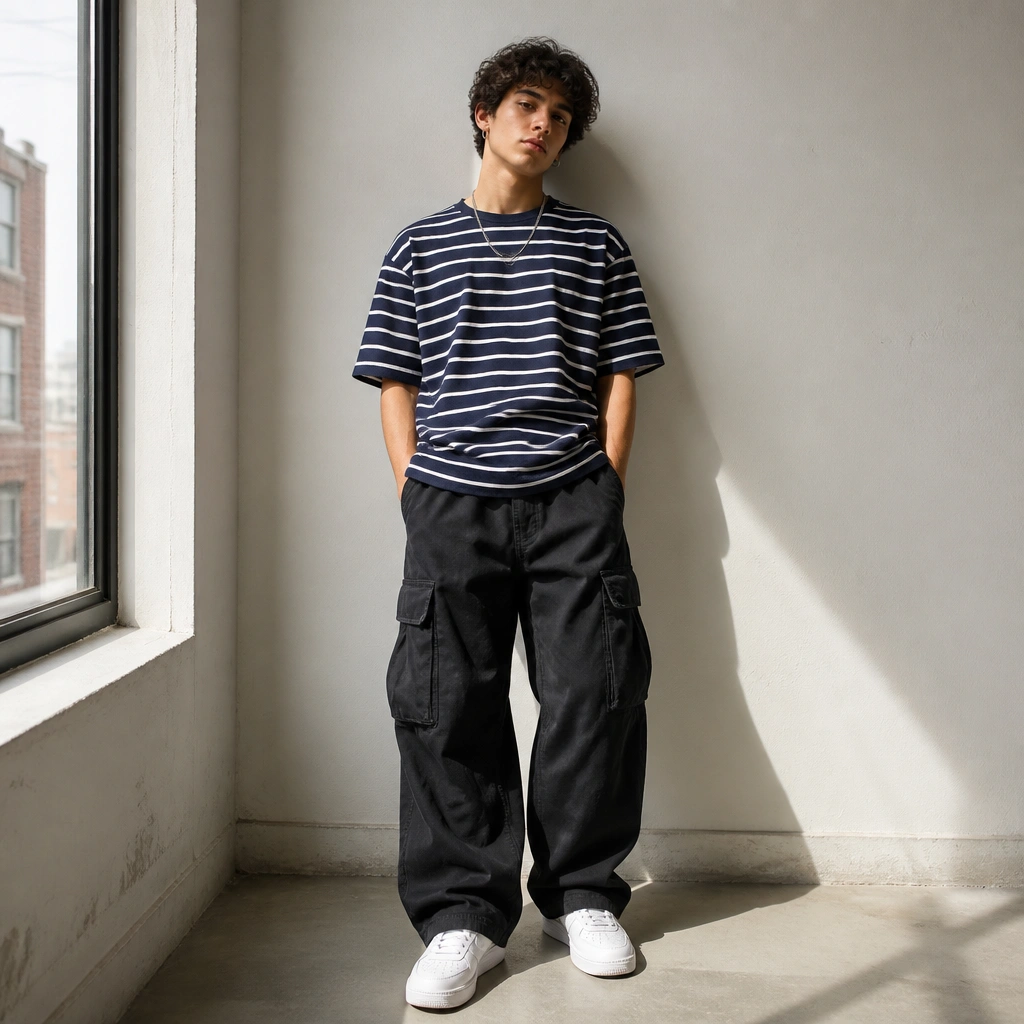 A classic look: black baggy cargo jeans with a navy-and-white striped tee worn slightly loose; silver chain necklace, small hoop earrings, and white sneakers are shown.