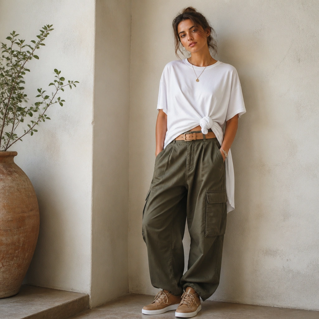 A relaxed outfit: olive baggy cargos paired with a longline white tee tied in a front knot; a camel belt and tan sneakers finish the look.