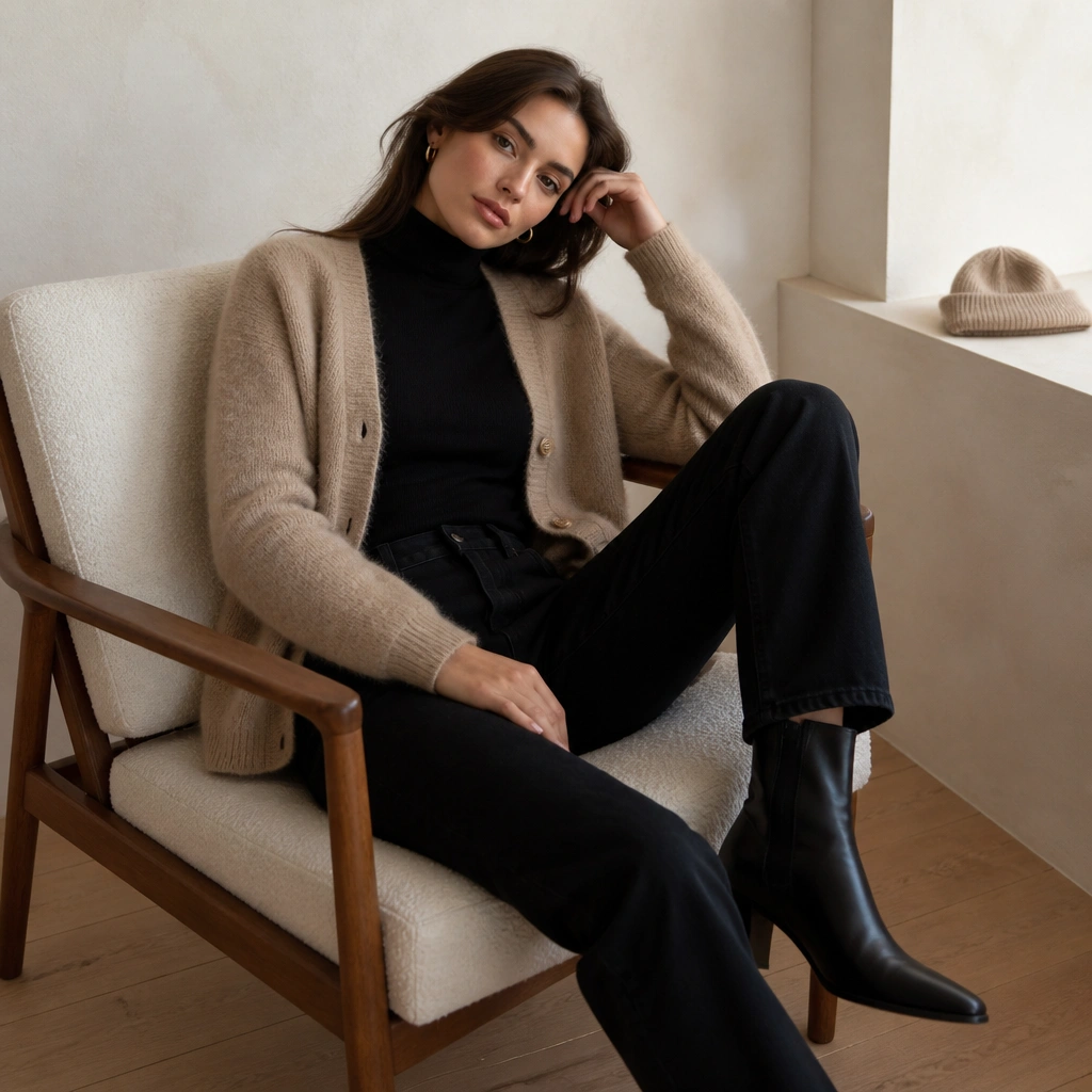 Model layered in a beige cardigan over a fitted black turtleneck sweater; black straight-leg jeans; black leather boots; neutral beanie in the background.