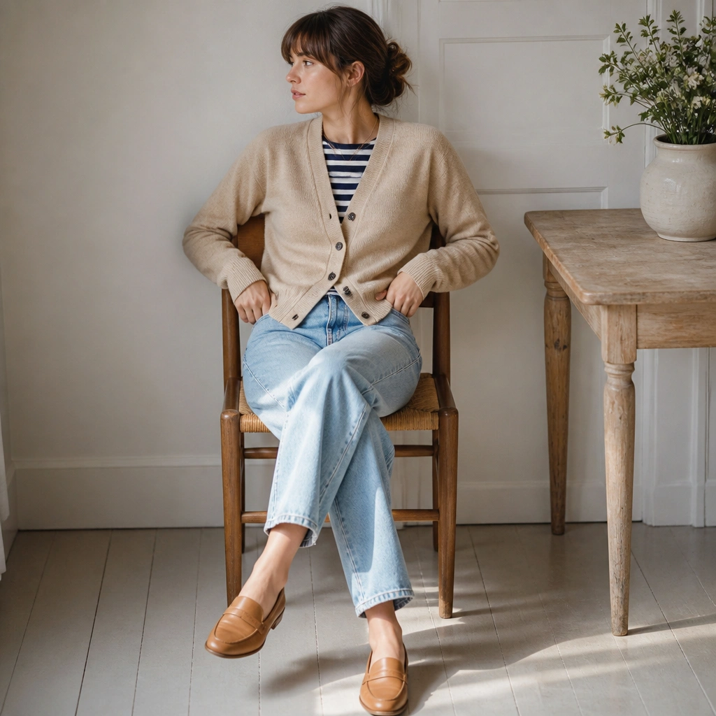 Beige cardigan buttoned at the front over a navy-and-white striped Breton shirt; light wash straight jeans; tan leather loafers; soft daylight styling.