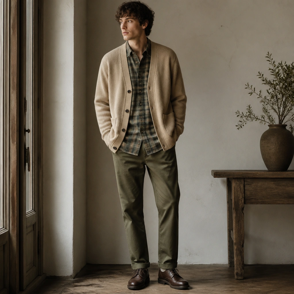 Beige cardigan worn over a muted green plaid flannel; olive chinos; brown leather derby shoes; the cardigan is slightly oversized for a relaxed silhouette.