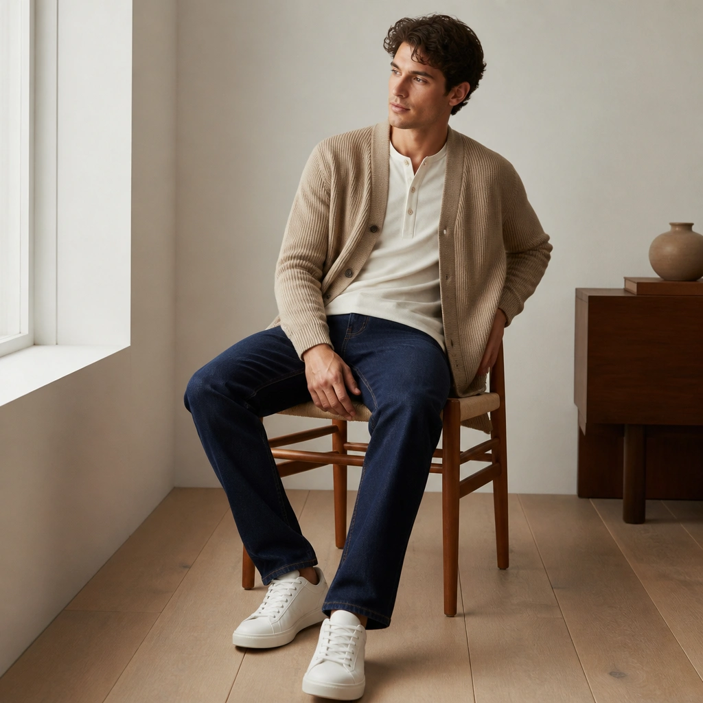 Model in a beige cardigan over a white henley with visible buttons; navy denim jacket-style vibe but with cardigan; straight navy jeans; white sneakers.