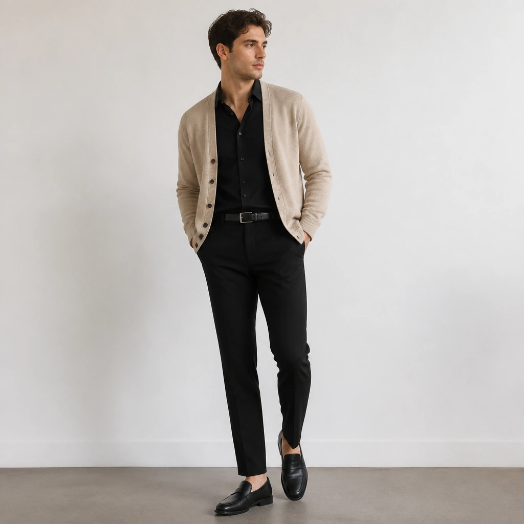 Beige cardigan layered over a black oxford shirt; slim black trousers; minimal black belt; dark loafers; clean, studio lighting.