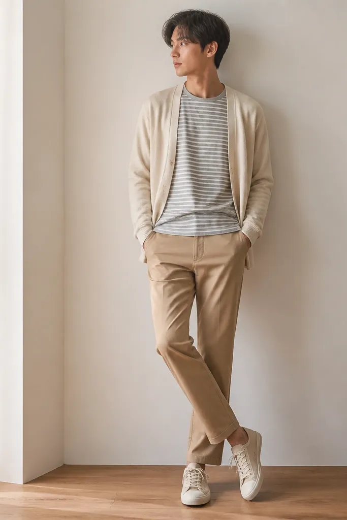Light beige cardigan worn lightweight and open over a gray-and-white striped tee; tan chinos; minimalist canvas sneakers.