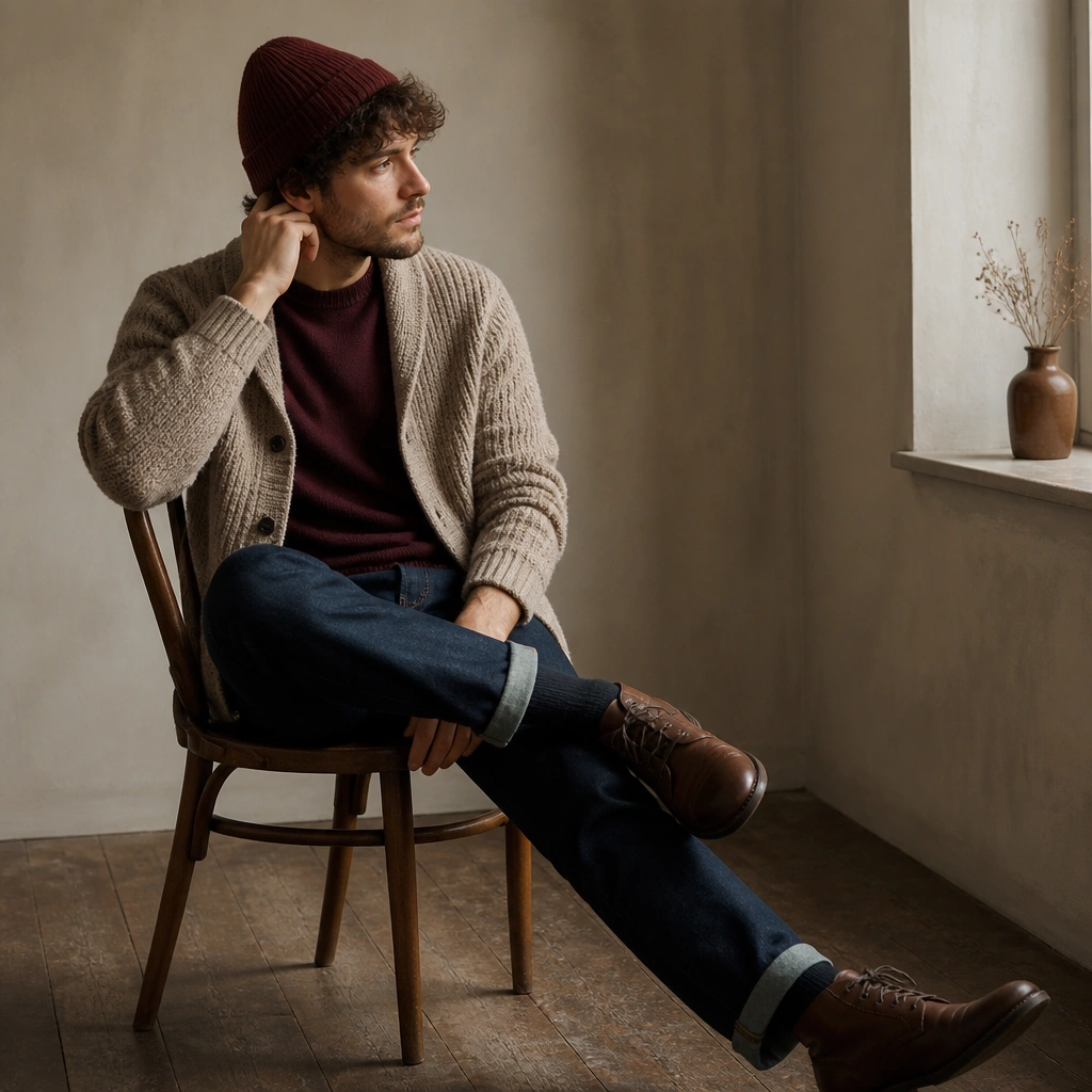 Beige cardigan layered over a burgundy crewneck sweater; dark jeans; burgundy beanie; brown lace-up shoes.