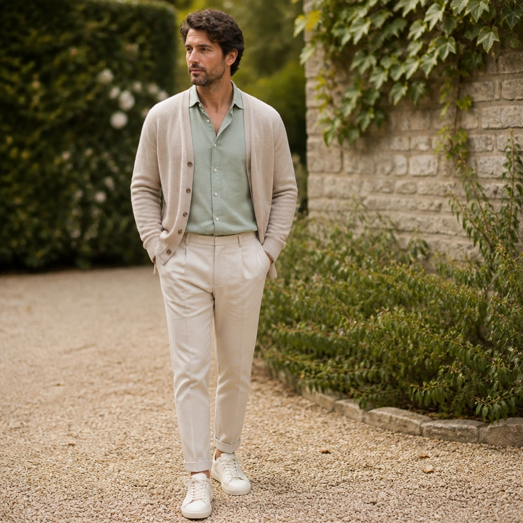 Beige cardigan over a light sage button-up; off-white or cream sneakers; tapered beige trousers; soft natural background.