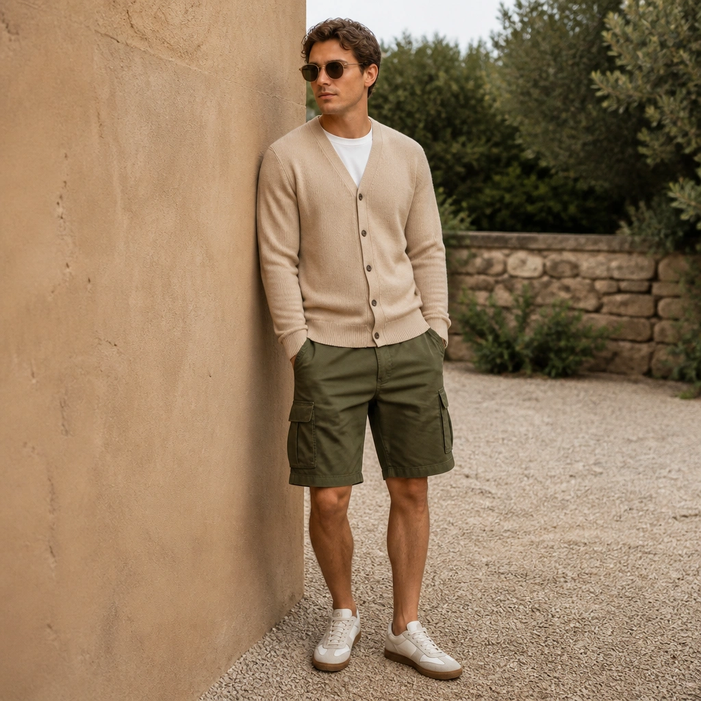 Beige cardigan worn buttoned over a plain white tee; olive cargo shorts; low-profile sneakers; casual outdoor setting.