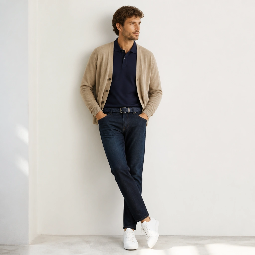 Beige cardigan layered over a navy polo shirt; tapered dark denim; navy belt; white sneakers; clean, bright background.